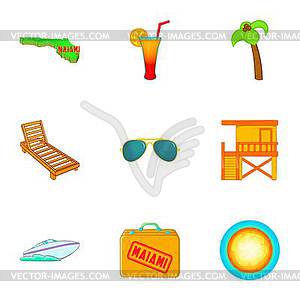 Tourism in Miami icons set, cartoon style - vector image