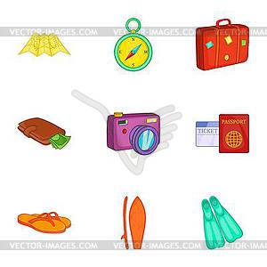 Journey to sea icons set, cartoon style - vector image