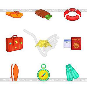 Travel to sea icons set, cartoon style - vector clipart