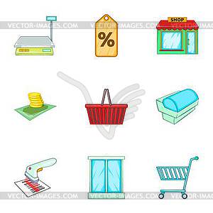 Supermarket icons set, cartoon style - vector clip art