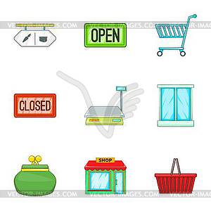 Purchase in shop icons set, cartoon style - vector image