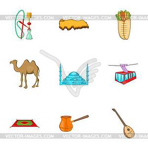 Tourism in Turkey icons set, cartoon style - vector clipart