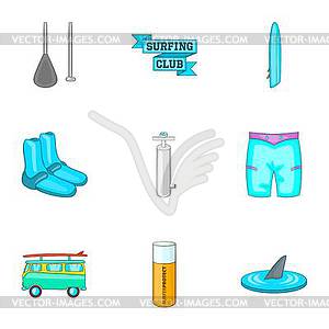 Surfing club icons set, cartoon style - vector clip art