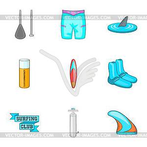 Swimming on surfboard icons set, cartoon style - vector clip art