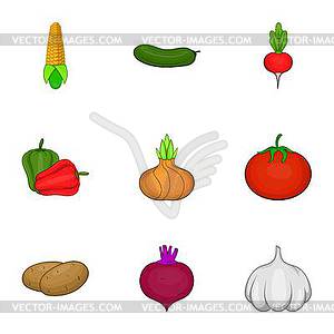 Ecological vegetables icons set, cartoon style - vector clipart