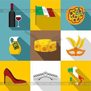 Holiday in Italy icons set, flat style - vector image