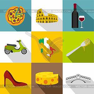 Attractions of Italy icons set, flat style - vector clipart