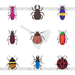 Crawling beetles icons set, cartoon style - vector clipart