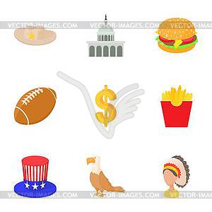 Stay in USA icons set, cartoon style - vector clipart