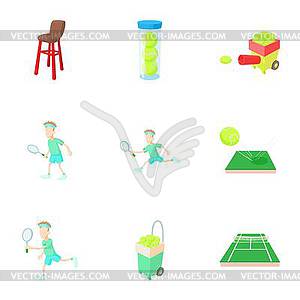 Набор иконок теннисный спорт, мультяшном стиле - векторный клипарт Royalty-Free
