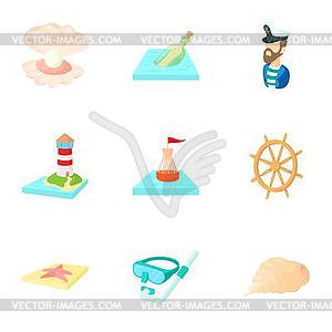Набор иконок морской тематики, мультяшном стиле - иллюстрация в векторе