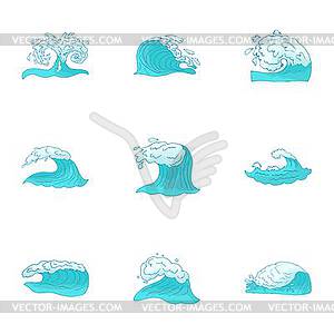 Wave icons set, cartoon style - vector clipart