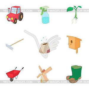 Gardening icons set, cartoon style - vector image