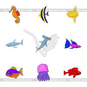 Набор иконок морской рыбы, мультяшном стиле - векторный клипарт / векторное изображение