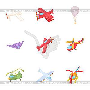 Flying machine icons set, cartoon style - vector clipart