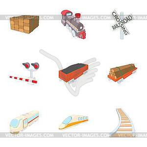 Railroad icons set, cartoon style - stock vector clipart