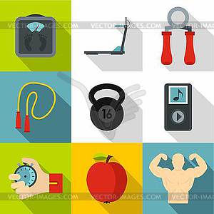 Fitness icons set, flat style - vector image