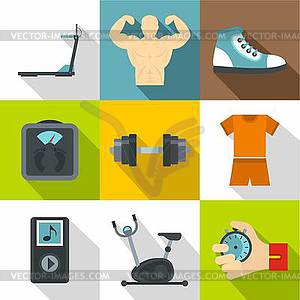 Gym icons set, flat style - vector clip art