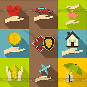 Insurance icons set, flat style - vector image