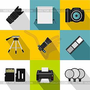 Photography icons set, flat style - vector image
