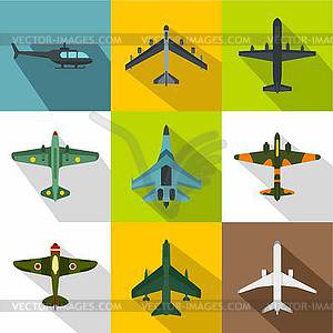 Military aircraft icons set, flat style - vector clipart