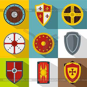 Protective shield icons set, flat style - vector image