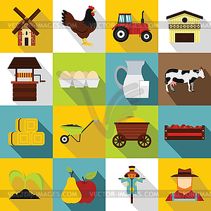 Farm icons set, flat style - vector image