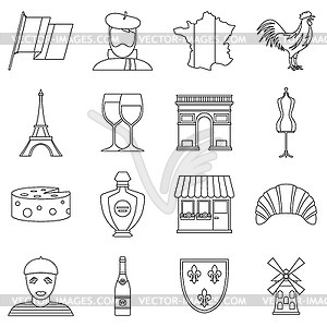 Набор иконок путешествия Франция, стиль контура - изображение в векторном формате