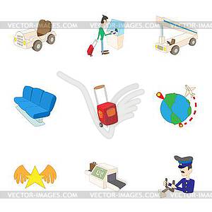 Arrive at airport icons set, cartoon style - vector image