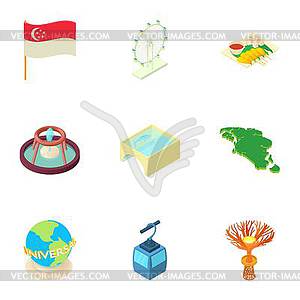 Attractions of Singapore icons set, cartoon style - vector clipart