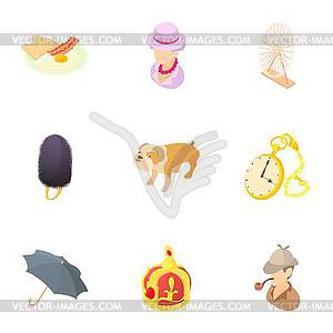 Holiday in England icons set, cartoon style - vector clipart