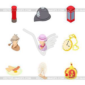 Attractions of England icons set, cartoon style - vector image