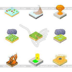 Disaster icons set, cartoon style - vector clip art