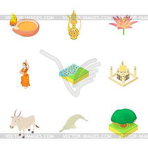 Tourism in India icons set, cartoon style - vector clipart