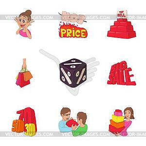 Hot sales icons set, cartoon style - vector clipart