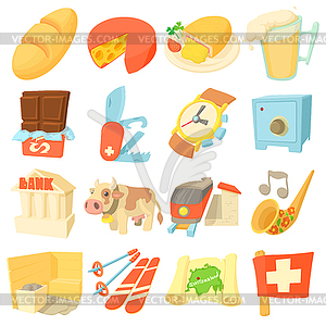 Switzerland travel icons set, cartoon style - vector image