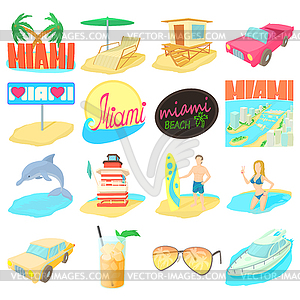 Miami travel icons set, cartoon style - vector clipart