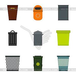 Rubbish bin icons set, flat style - vector image