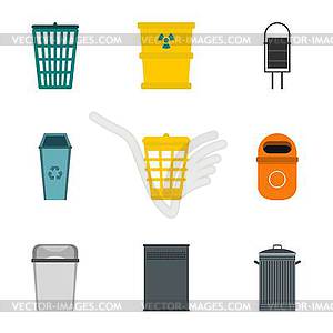 Trash can icons set, flat style - vector image