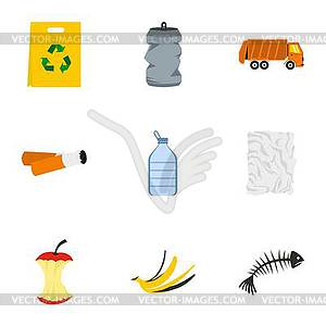 Garbage icons set, flat style - vector image