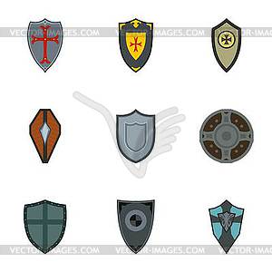 Protective shield icons set, flat style - vector clip art