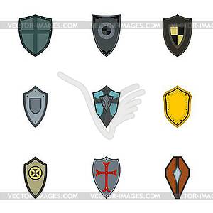 Military shieldd icons set, flat style - vector image