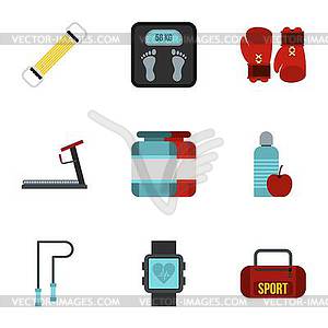 Gym icons set, flat style - vector image