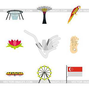 Tourism in Singapore icons set, flat style - vector image