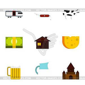 Holiday in Switzerland icons set, flat style - vector clip art