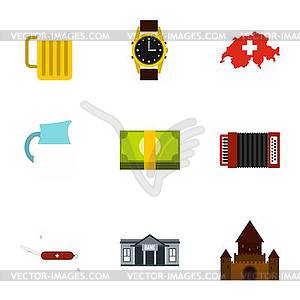 Attractions of Switzerland icons set, flat style - vector image