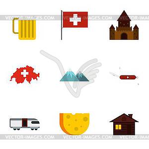 Tourism in Switzerland icons set, flat style - vector clipart