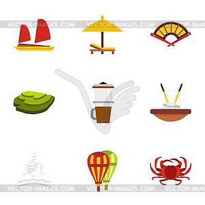 Attractions of Vietnam icons set, flat style - vector EPS clipart