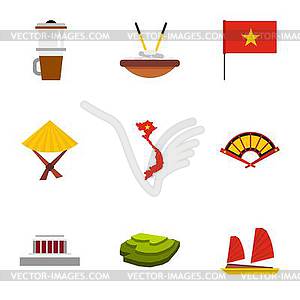 Tourism in Vietnam icons set, flat style - vector clipart