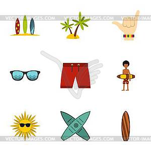 Surfing icons set, flat style - vector clipart